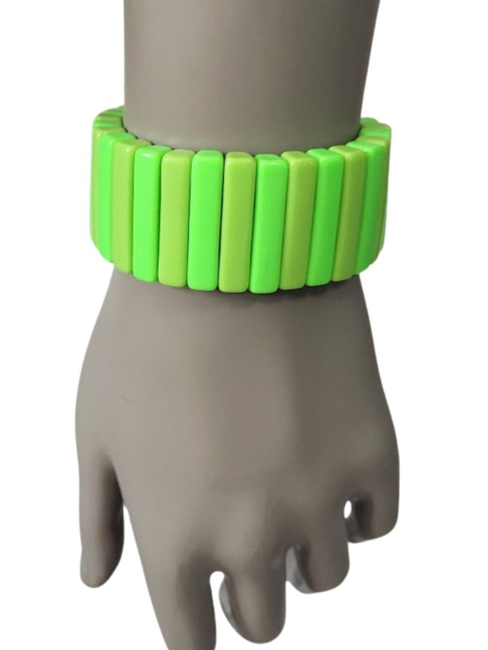 Two-Tone Lime Green Hard Plastic Beaded Stretch Bracelet - OS
